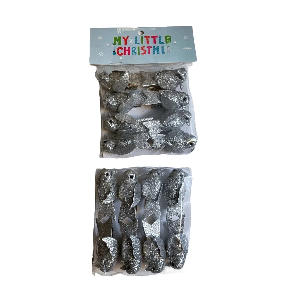 16 Songbird Ornaments‎ Mini Tree Clip On Christmas Silver Glitter (2 Pack of 8)